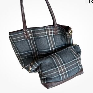 Firano Brown Wool and Leather Plaid Tote Bag with Matching Pouch
